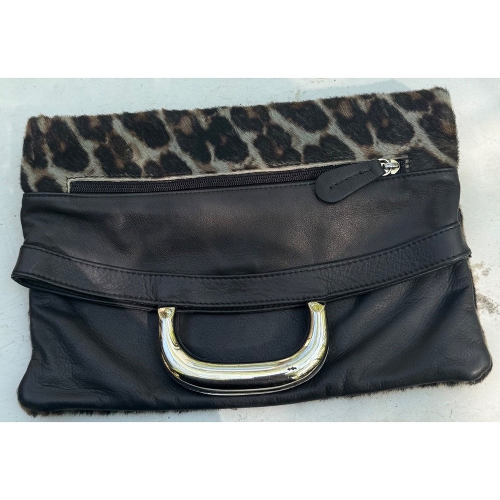 Maurizio‎ Taiuti Leopard Calf Hair Black Leather Foldover Clutch Made in Italy